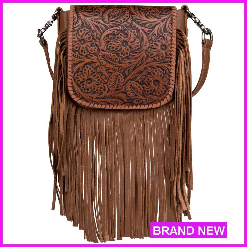 Fringe Crossbody Bag Western Boho Chic Genuine Leather Tooled Floral Pattern